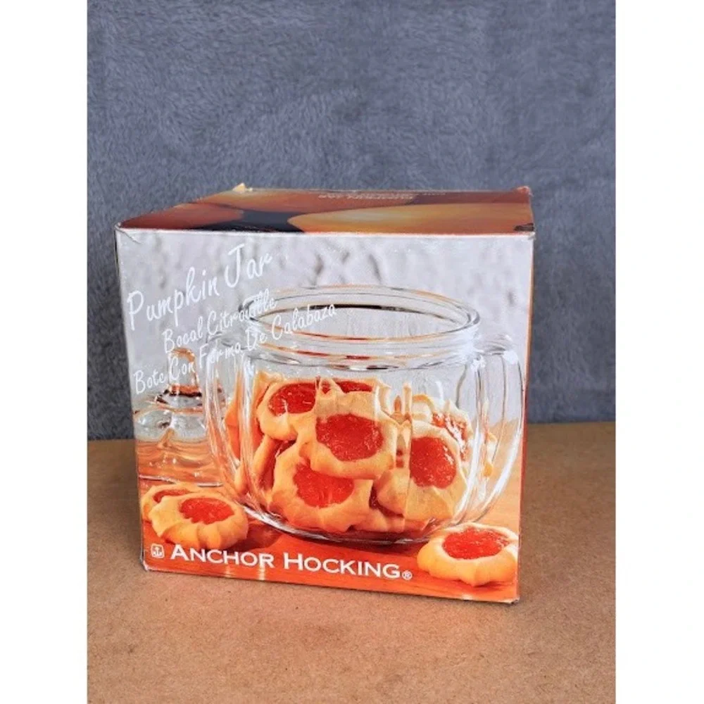 Vintage Anchor Hocking‎ Glass Pumpkin Jar with Lid 70oz Clear Harvest Candy Dish